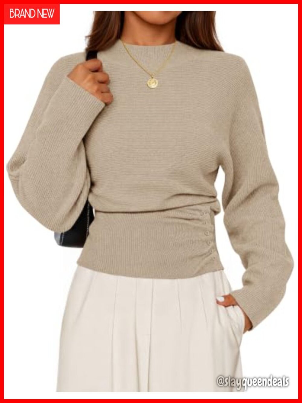 Mock Neck Batwing Sleeve Sweater Cinched Waist Pullover Knit Top